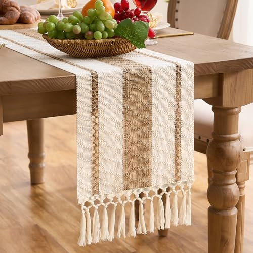 Aisybaklyn Camino de Mesa Boho Marrón Borlas de Macramé Franjas Algodón y Lino Tejido Calado Estilo Campesino Tapete 30x183 cm para Decoración Rústicas de Fiestas Cocinas Boda Comedor