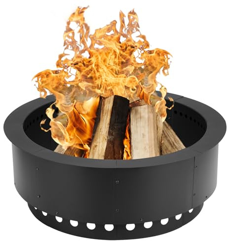 Aoodor Runder rauchfreier Feuerschalenring, 0,92 m, doppellagig, robuste Metall-Feuerstelle, Einsatz für Hinterhof, Lagerfeuer, Outdoor, Picknick, Grillen, Schwarz