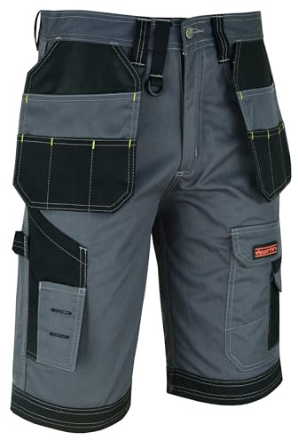 WrightFits Men Holster Work Shorts - Heavy Duty Safety Combat Cargo Summer Shorts - Multi Pockets - Triple Stitched - Durable Workwear Grey