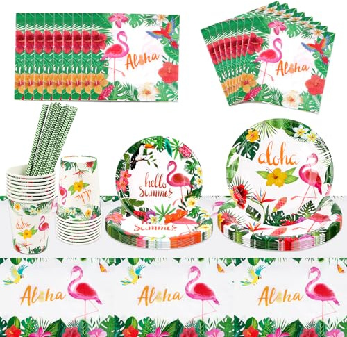 Set di 81 stoviglie hawaiane per feste di compleanno, piatti e bicchieri di cartone, tovaglioli, motivi estivi, decorazione per ragazzi e ragazze