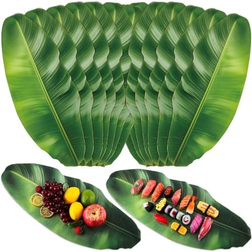 Tinlade 60 Pcs Banana Leaves Parchment Paper Leaf Tropical Artificial Banana Leaves for Cooking Charcuterie Board for Food Serving Hawaiian Party Decoration 22.8 x 9 Inch Centerpieces Placemat