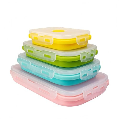 Pack of 4, Collapsible Food Supplement Box, Collapsible Silicone Food Storage Container with Clip-on Lid, Stackable, Space Saving, Dishwasher Safe, BPA Free
