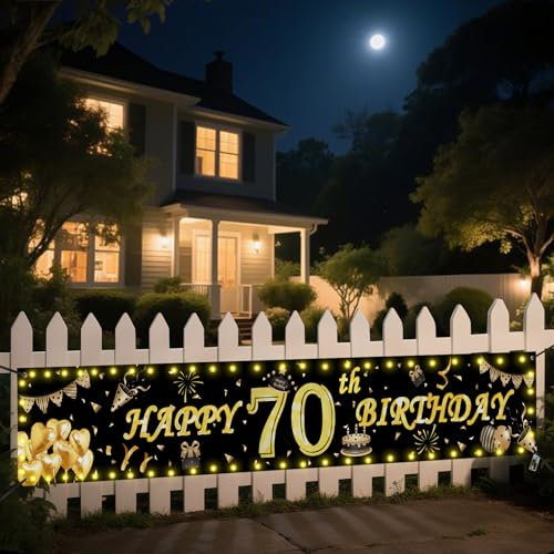 Seutgjie Deko 70 Geburtstag Banner mit LED Lichtband für Frauen Männer 40 * 270CM Hintergrund Dekoration Gold Schwarz