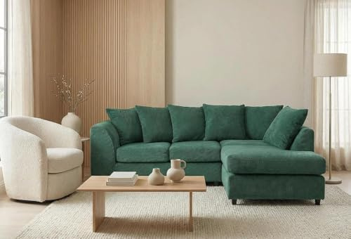 Abakus Direct | Jumbo Grid Corner Sofa – Modern Corner Sofa with Grid‑Textured Fabric, Angular Arms and Scatter Cushions – Available in Grey, Beige or Green (Forest Green, Right Hand Facing)
