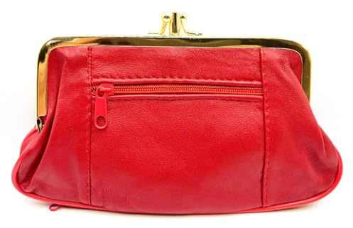 Charmoni - Grande Portefeuille Porte Monnaie Femme - à Fermeture clic clac Fermoir - Poche zippée - en Cuir d'agneau (Rouge)