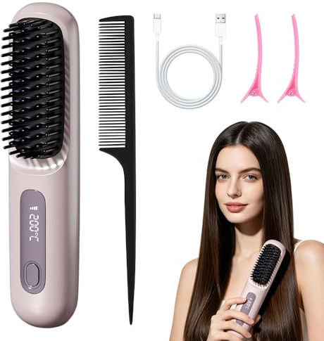 LYPPUL Glättbürste Kabellos, Stylingbürste für Kurze Haare Langes, Tragbare Haarbürste Elektrisch mit LED Anzeige Und 3 Wärmestufen, Haarglätter Bürste, Hair Straightener für Reisen Täglichen Gebrauch