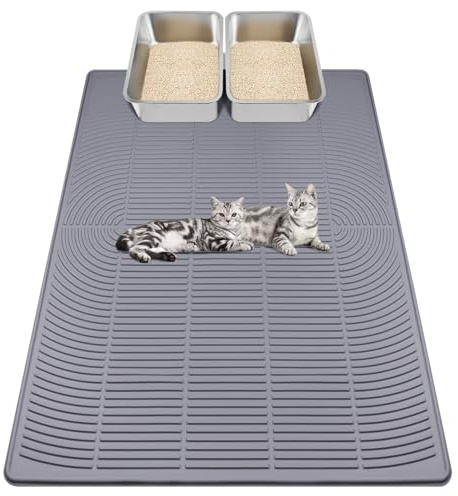 Kalolary Cat Litter Mat - Extra Large Cat Silicone Litter Mat for Scatter Control, Soft on Kitty Paws Waterproof Easy to Clean (Gray,119.5x89cm)