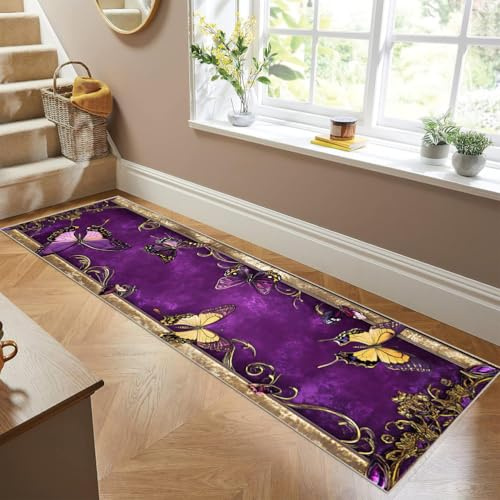 Siunwdiy Lila/Braun 3D Blumen Teppich Flur Läufer 80 x 260 cm- Vintage Teppichläufer Küchenläufer Teppiche rutschfest Waschbar für Bettvorleger Flur Küche Waschküche Korridor