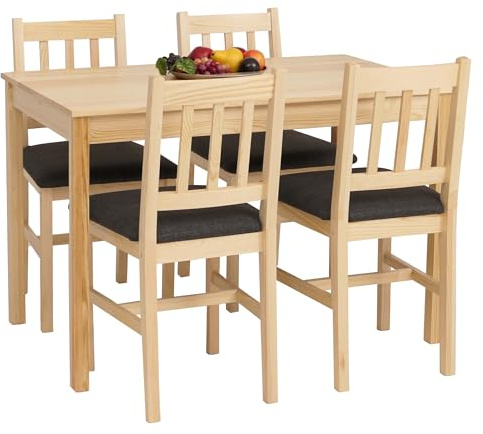 Mendler Esszimmer-Set HWC-F77 110cm Holz - Natur Polster schwarz