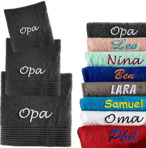Schnoschi Handtuch 3er Set schwarz 30 x 50 Gästehandtuch, 50 x 100 Duschhandtuch und 100 x 180 Saunahandtuch personalisiert mit Namen, Motiv oder Wunschtext Bestickt, 100% Baumwolle, 450 g/m²