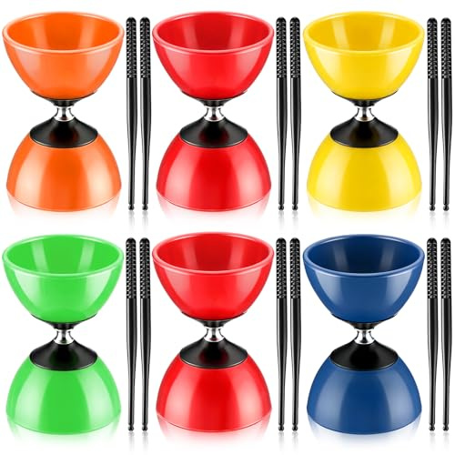Shappy 6 Set Chinese Diabolo Set 4.7'' Small Triple Bearing Chinese Yoyo with Sticks and Strings for Skills Training Indoor Outdoor Activities, 5 Colors