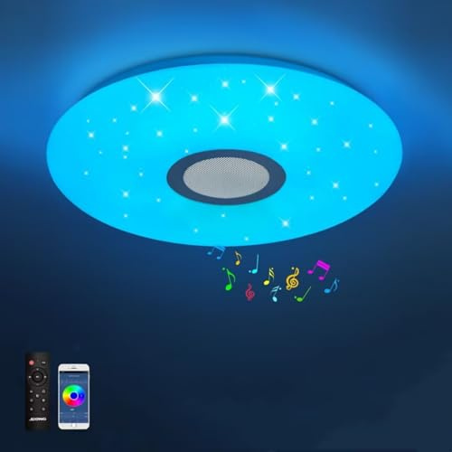 JDONG Bluetooth Deckenleuchte LED mit Lautsprecher, Fernbedienung und App | -Steuerung RGB Farbwechsel dimmbar Sterne für Schlafzimmer Kinderzimmer Badzimmerlampe 36W Ø 40CM