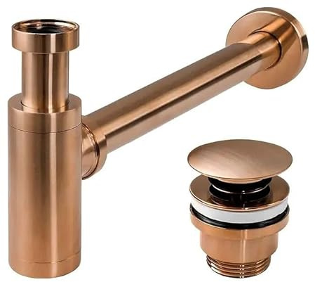 Rea Siphon Für Waschtische Mit Click-Clack-Stopfen Klik-Klak Brush Copper, klick-Klack, Praktisch + 33,5X7X21Cm