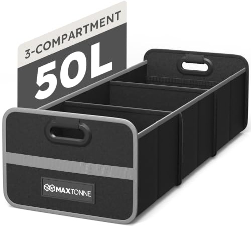 Maxtonne 50L Car Boot Organiser, 3-Comp with Securing Straps & Handles | 600D Oxford. Built-in handles for easy carry. Collapsible & waterproof. For SUV, hatchback, estate. Groceries, camping.