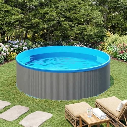 Stahlwand-Planschbecken 350 x 90 cm, Aufstellpool mit Stahlrahmen & PVC-Auskleidung, Gartenpool 7200 L für Familie, Runder Pool Grau & Blau, Schnell auf- und abbaubar für Garten & Terrasse