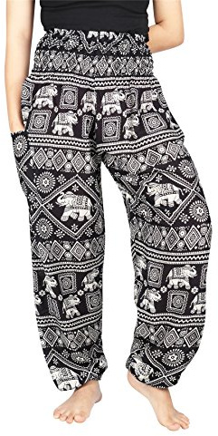 Lofbaz Harem Pants for Women Yoga Boho Hippie Clothing Palazzo Bohemian Beach Trousers Maternity Pajama Indian Gypsy Travel Clothes - Elephant Stamp Black S