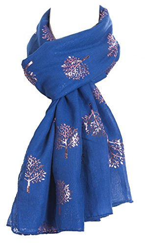 World of Shawls Silver Foil Mulberry Tree Print Fashion Scarf (Royal Blue With Pink Foil Mulberry Tree)