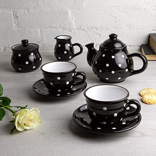 City to Cottage® Set de Tetera, Jarra de Leche y Azucarero de Cerámica Artesanal de Lunares con 2 Tazas y Platitos en Negro y Blanco