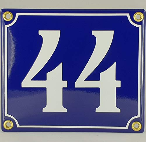 Hausnummer Emaille Schild Nr. 44 Blau-Weiß Handarbeit