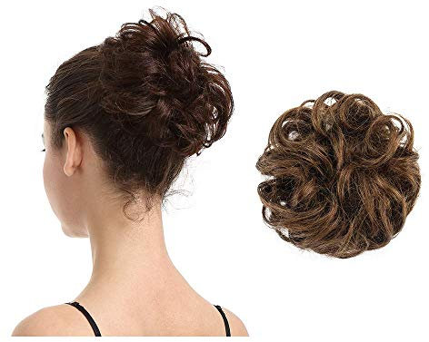 BARSDAR 100% Echthaar Haarteil Haargummi,Gelockt Unordentlich Dutt Extensions Echthaar Haarteil Haargummi Hochsteckfrisuren Unordentlicher Haarverlängerung für Damen Mädchen Mittleres Kastanienbraun