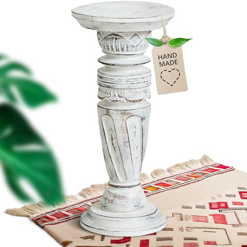 livasia gedrehte Deko Holzsäule 40cm – Antik-Look Podest, Blumensäule, Dekosäule aus Albiziaholz – Balinesische Handwerkskunst, Nachhaltig und Einzigartig (Weiß)