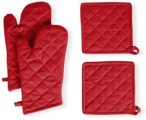 Native Fab Farmhouse Oven Mitts and Pot Holders Set of 4, Heat Resistant Non-Slip Machine Washable, 100% Cotton Kitchen Pot Holders Oven Mitts Sets Red