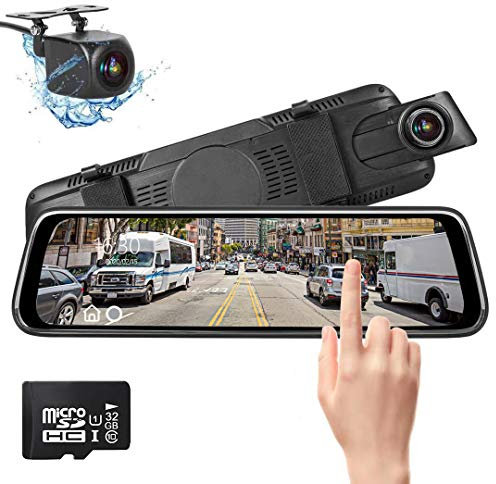 Dash Cam Front and Rear Camera, Mirror Dash Cam 10 Dual Lens Touch Screen Full HD 1080P Front and Rear with 32GB SD Card, G-Sensor, Motion Detection, Parking Monitor, Loop Recording