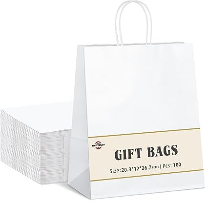Switory 100 Stk Weiß Papiertüten mit Henkel - 20,3 x 12 x 26,7 cm Klein Geschenktüten Papiertragetaschen Kraftpapiertüte zum Einkaufen, DIY, Lebensmittelgeschäft, Geburtstag, Partyt