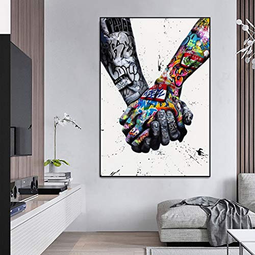 EXQART Tableau décoratif imprimé sur Toile Street Art Graffiti Toile Peinture Amoureux Mains Mur Art Affiches et Impressions Inspiration oeuvre Photo pour Salon décor Cadeau de Noël-60x80cm