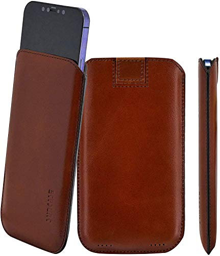 Suncase Original Leder Etui kompatibel mit iPhone 12 (6.1) Hülle Tasche Ultra Slim Ledertasche Schutzhülle Case (mit Rückzuglasche) in Mocca braun