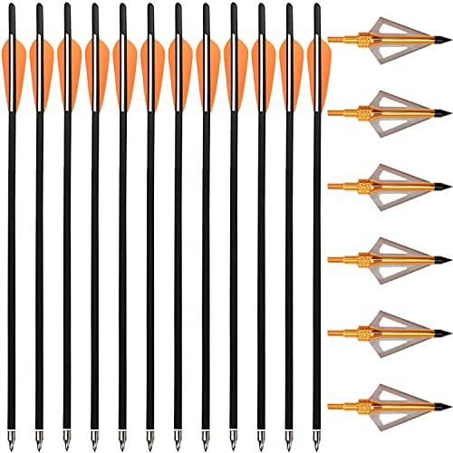 12 Stück 20 Zoll Armbrustbolzen Carbon Armbrustpfeile und 6 Stück Armbrust Jagdspitzen kit,Armbrust Jagdpfeil mit 4 Flügel und ersetzte Pfeilspitzen (20 Zoll Orange und Gold)