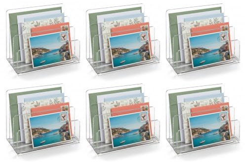 Osco Clear Acrylic Letter Holder, 6 Pack Desk Organiser, Mail Sorter for Envelopes and Paperwork, Durable Document Rack, Non Slip Rubber Feet, Office Storage Accessory, H14.5 x W17.5 x D9.5 cm