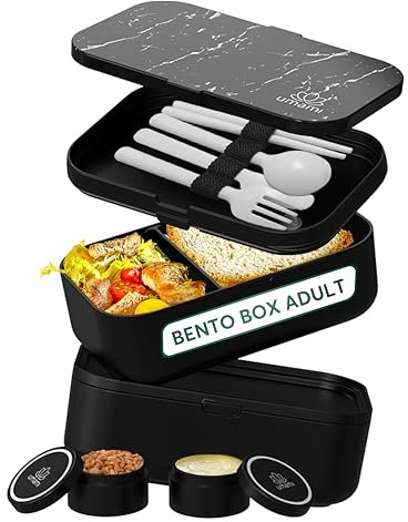Umami Bento Box Adult All-in-1 w/ 4 Utensils, 100% Leakproof, Dishwasher & Microwave Safe Lunch Containers for Adults w/ 4 Compartments, Matte Black & Marble, 68 oz