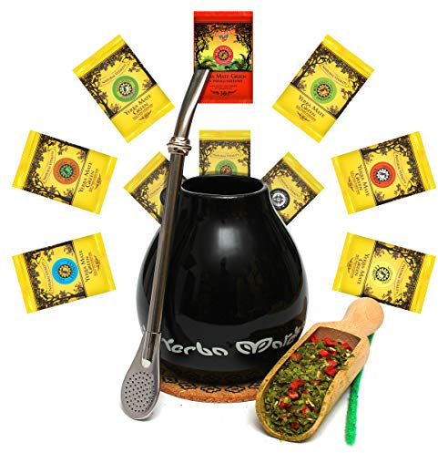 Mate Green Mate Tee Set, Mate Tee 10 x 50 g, Keramik Mate Becher 350 ml, Bombilla 19 cm, Strohhalm aus Edelstahl, Mate Geschenk Set, 700 g