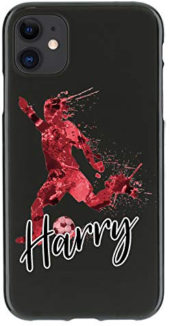 Personalised Phone Case For Apple iPhone 16, 15, 14,13, 12, 11, Pro Max, Mini, XR, XS, SE Dark Red Marble Football Phone Case with Name on Soft Black Gel TPU Phone Cover