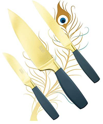 Impresionante juego de cuchillos de cocina de color dorado satinado de 3 piezas, 9 cm, utilidad de 12 cm, cuchillos de chef de 15 cm, ultra modernos, afilados, con revestimiento de titanio, cuchillos