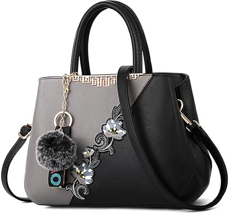 DORRISO Damen Handtasche Mode Stickdesign Schultertasche Große Kapazität Umhängetasche Casual Reise Handtasche PU Leder Top Griff Tasche für Frauen Grau A