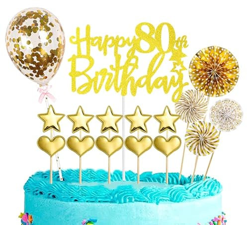16Pcs Happy 80th Birthday Cake Toppers, Glitter Personalised Cupcake Toppers, 80th Birthday Cake Decorations for Men & Women