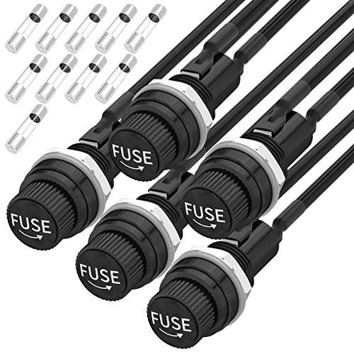 Joinfworld Panel Mount Fuse Holder 5x20mm 12V DC 250V AC Screw Cap Fuse Holders with Pre-Soldered Wires and Fast-Blow Glass Tube Fuses - 5Pack