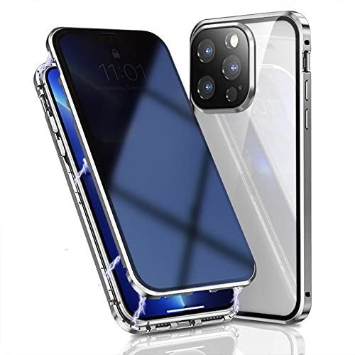 OMGZONE Privacy Case for iPhone 14 Pro Magnetic Cover,Screen Protector built-in Anti-peep Tempered Glass Full Cover with Camera Protector,360 Degree Metal Bumper Case for iPhone 14 Pro,Silver