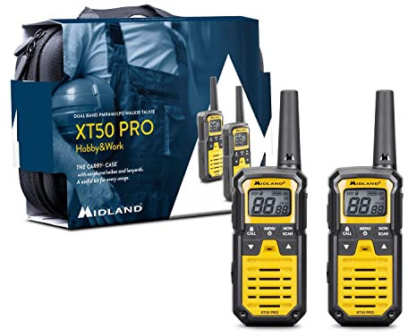 Midland - Walkie Talkie XT50 PRO Doppio Hobby & Work, 2 Ricetrasmittenti Professionali 85 Canali PMR446, Rete Radio Montana - 8Km, 12H, Waterproof IPX2, Ricarica USB, Valigetta Trasporto e Accessori