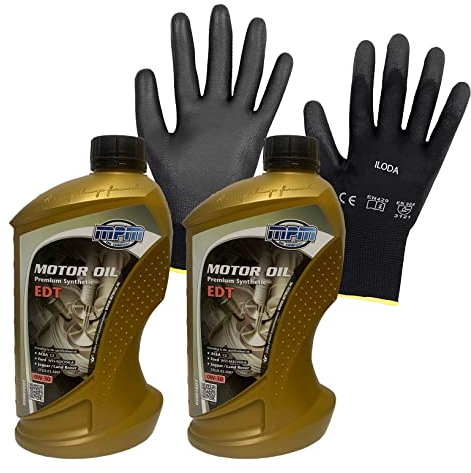 ILODA Schutzhandschuhe + 2X MPM 1Liter 0W-30 Premium Synthetic EDT Motoröl, ACEA C2, Freigabe für Jaguar/Land Rover STJLR.0305007, 0W30 Motorenöl