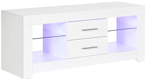 HOMCOM Mobile Porta TV da 55 con Luci LED a 12 Colori e Telecomando, Mobile da Salotto in Legno con Mensole in Vetro 120x40x50cm, Bianco