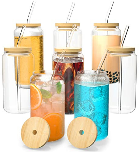 Finew [8 Packs] Drinking Glasses with Bamboo Lids and Glass Straws, 16oz Iced Coffee Cup, Can Shaped Glasses Cups, Smoothie Cup, Glasses Tumbler for Beer, Cocktail, Tea, Milkshake, Transparent