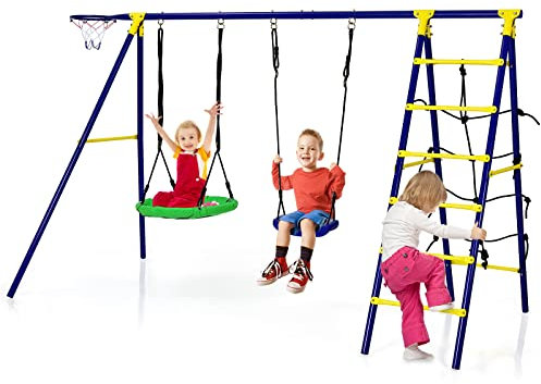 COSTWAY Juego Columpio Jardin Exterior 5 en 1, 2 Columpios, 1 Aro de Baloncesto, 1 Red de Escalada, 1 Escalera, 295 x 138 x 176,5 cm, Juego de Columpios con Marco de Metal para Niños (5 en 1)