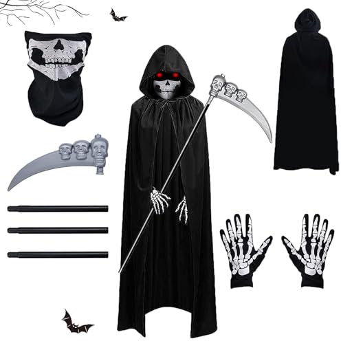 AOMAIGAD Sensenmann Kostüm,Halloween-Umhang mit Kapuze,mit Schädelmaske,Sense,Skelett Handschuhe,Halloween Kostüm Unisex,Sensenmann Umhang für Halloween,Cosplay,Karneval (Erwachsener-A)