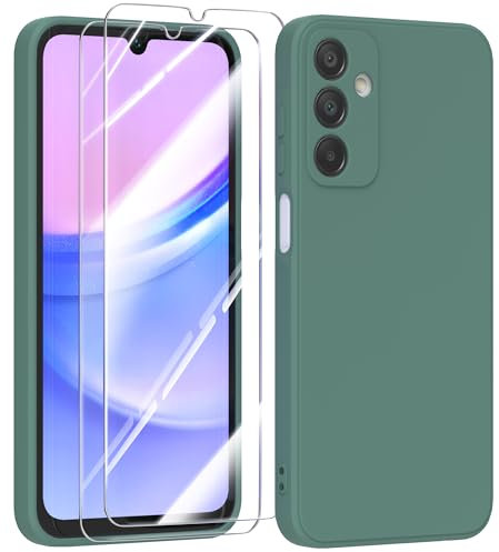 MIKULLE Hülle für Samsung Galaxy A15 4G / 5G HandyHülle + 2 Stück Schutzfolie,Dünn Weiche Liquid Silikon TPU Stoßfeste Schutzhülle mit Microfiber Case - Dunkelgrün