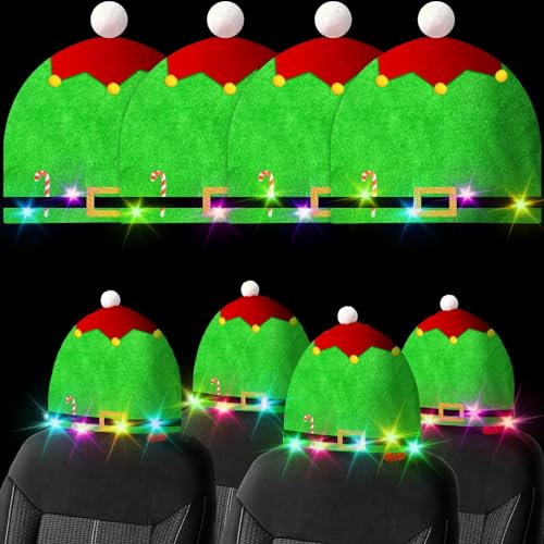 JRHPSUPER 4 x Weihnachts-Autositzbezüge, Weihnachtsmann, LED-Hut, grün, Autositz-Kopfstütze innen, weich, buntes Licht, Auto-Weihnachtsmütze, passend für die meisten Fahrzeug-Kopfstützen