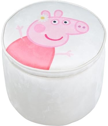 roba Pouf Coffre Bébé Rond Peppa Pig en Velours - Boîte de Rangement pour Enfant dès 18 Mois - Couvercle Amovible - Repose-Pieds Rembourré - Nettoyage Facile - Beige / Motif Truie