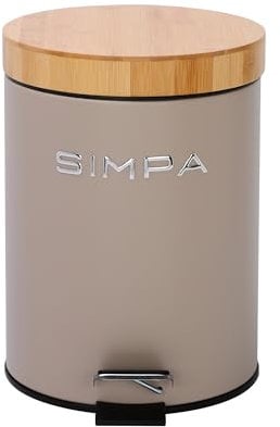 simpa 5L 5 Litre Matt Mushroom Slim Soft-Closing Pedal Dustbin with Bamboo Lid
